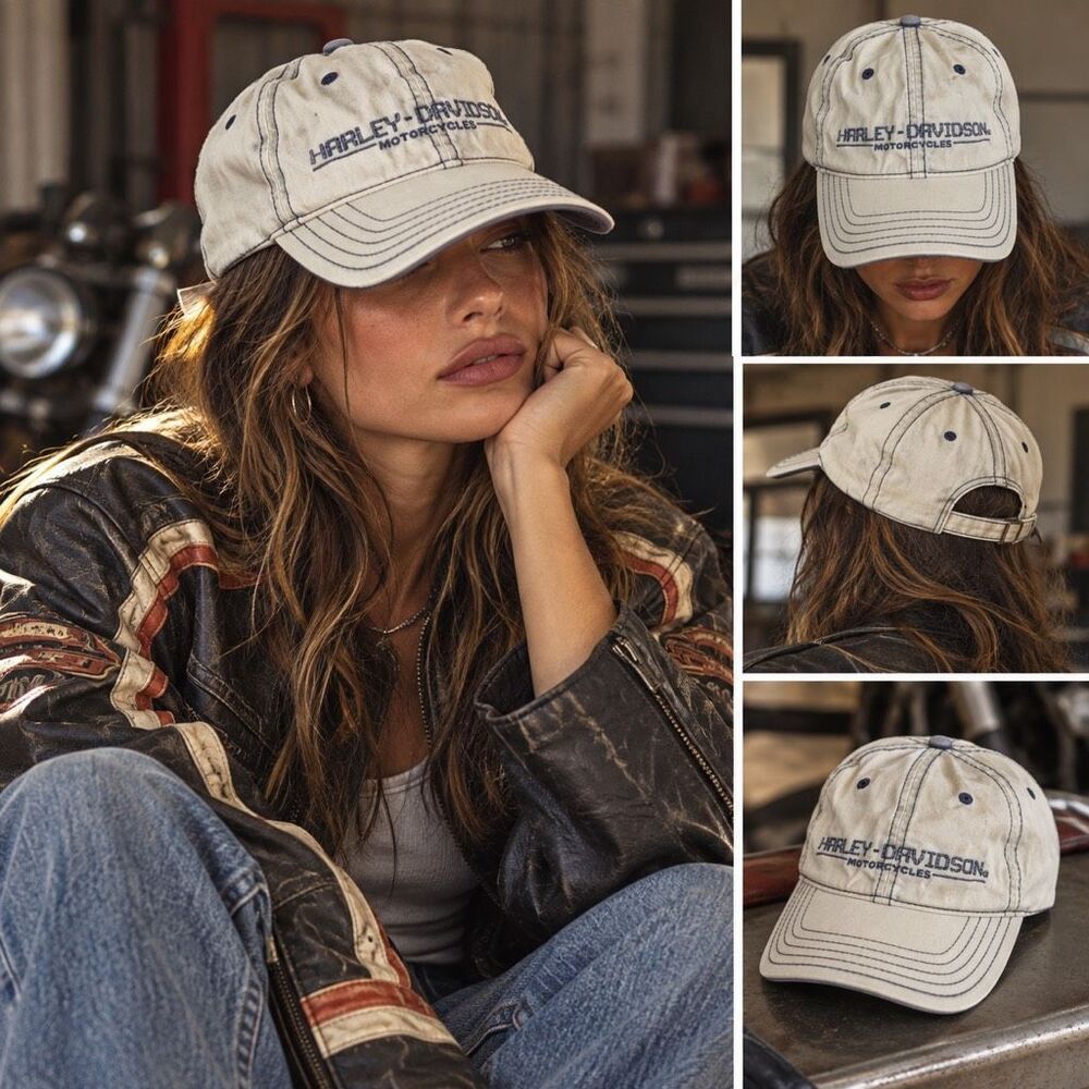Y2K Harley Davidson Womens Baby Blue Motorcycle Stitched Fitted Baseball Cap Hat